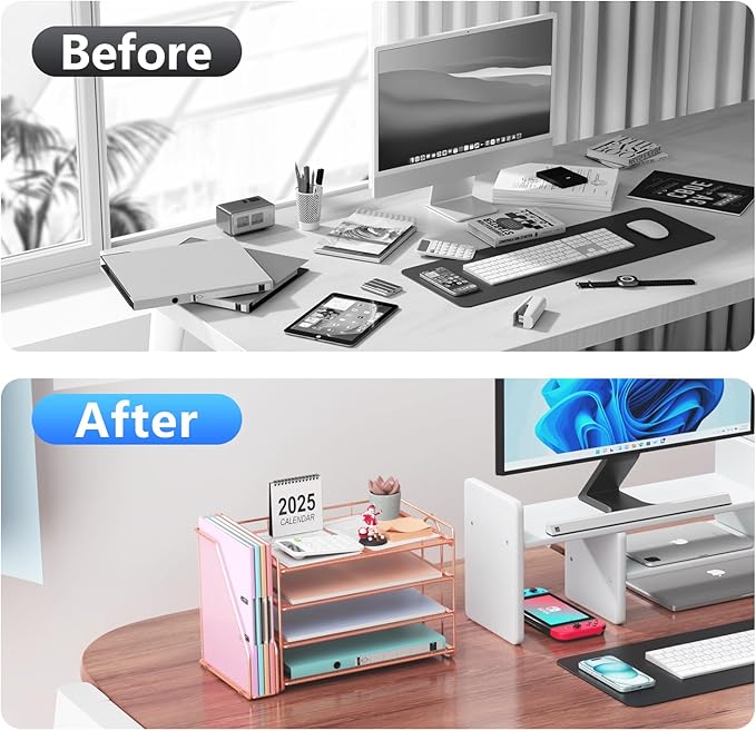 gianotter 4-Tier Paper Organizer With Magazine Holder, Desk Organizers and Accessories, Cute Desk Accessories for Women, File Organizer for Office Supplies Storag(Rose Gold)