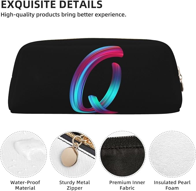 Cute Initial Pencil Case for Kids Simple Leather Pencil Pouch for Boys Girls Letter Design Pencil Box Pen Bag Pencil Pouch Office Stationery Organizer, Rainbow Letter Q