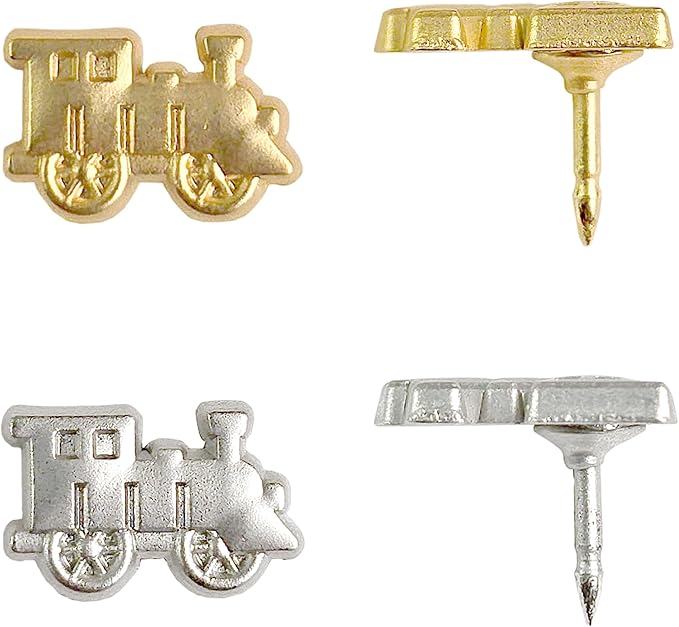 Train Push Pins - Gold Metal Train Pins - for Cork Board, Maps, or Lapel Pin Use - Designed in USA - Set of 20
