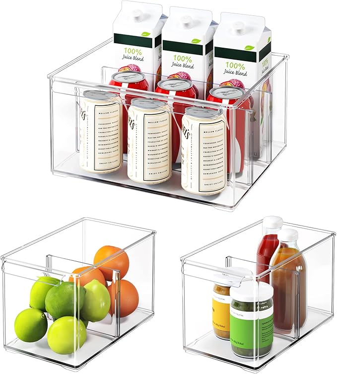 Clear Plastic Storage Bins 3 Pack, Stackable Storage Containers with Dividers, Tall 6" Thicken Storage Drawer Organizer Boxes for Pantry Kitchen Cabinets Fridge Vanity Makeup Craft C6-2