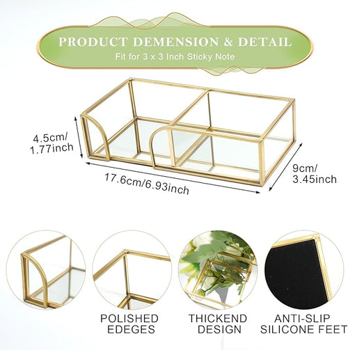 3 x 3 Inch Sticky Note Holder Gold Glass Post It Note Dispenser, 2 Slot Sticky Note Dispenser, Stylish Post It Holder for Home Office Desk Decor