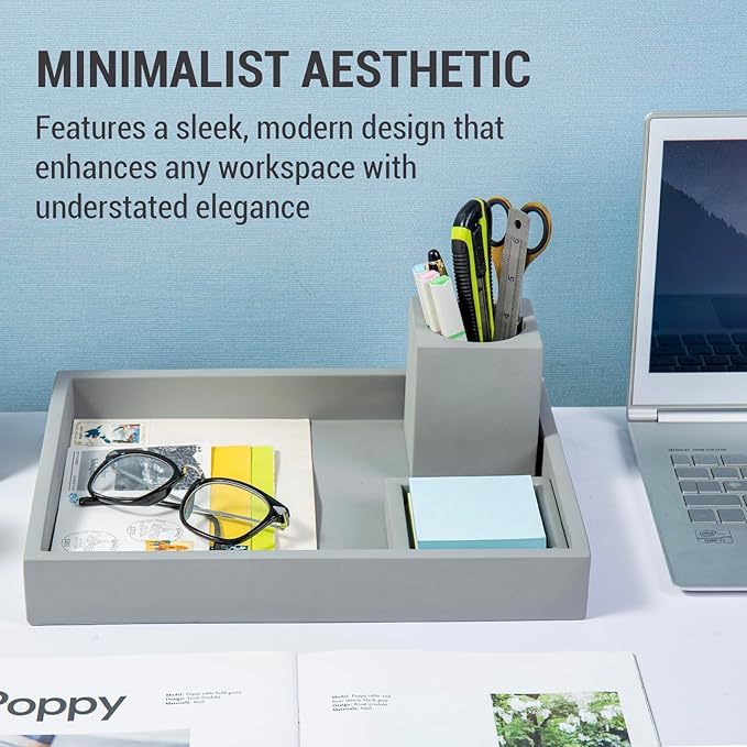 MyGift 3 pcs Set Modern Gray Concrete Desk Organizer Trays, Desktop Office Paper Tray, Stationery Holder Pencil Cup, Sticky Note Pad Holder