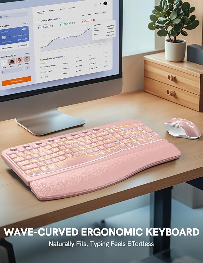 SABLUTE Ergonomic Wireless Keyboard and Mouse Combo - Wave Keyboard with Soft Leather Wrist Rest, Resistant Keys, RGB Backlit Rechargeable Set for PC/Mac/Chromebook (Black) (Pink)