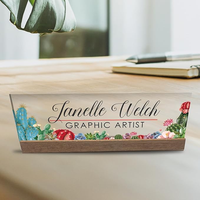 Artblox Personalized Office Desk Name Plate and Business Card Holder | Clear Acrylic Glass with Teak Wood Stand | Cactus Flowers Design Customized with Your Name and Credentials Office Desk Décor