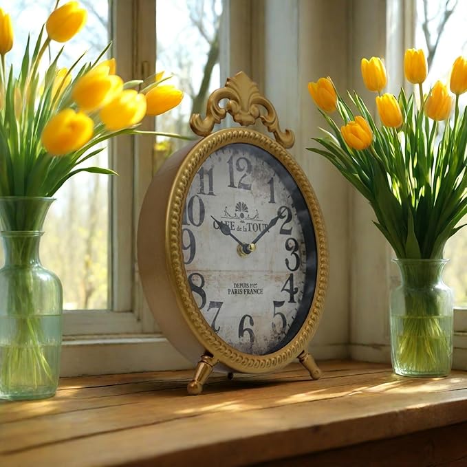 Vintage Gold Table Clock, Retro Oval Desk Clock with Romanesque Frame, Silent Non-Ticking Decorative Clock for Living Room Bedroom Office, Elegant Gift for Home Décor Lovers