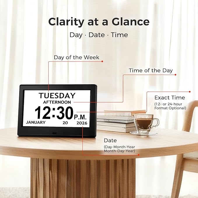 7'' Digital Clock, Dementia Clock With Date And Time, 10 Reminders, 6 Alarms, Auto-Dimming, Auto DST, Remote Control, Large Display Alarm Clock For Seniors, Gifts For People With Dementia, Alzheimers