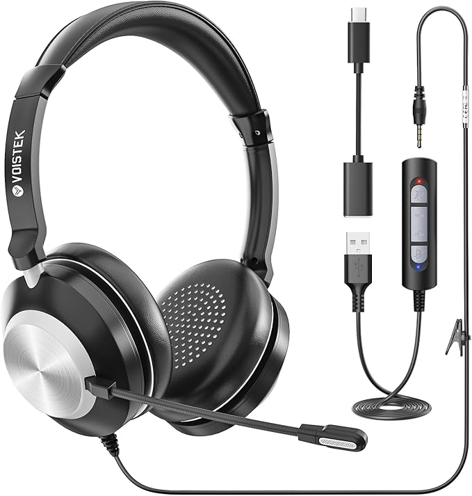 Voistek USB Headset with Microphone for PC & Laptop, On-Ear Computer Headset with Noise Canceling Microphone, in-line Control, All-Day Comfort for Work, Zoom, Teams, Online Meetings & Home Office