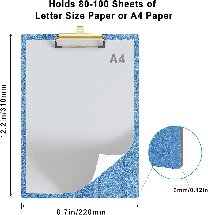 Glitter Acrylic Clipboard Decorative Standard A4 Letter Size 12.2" x 8.7", Fashion Bling Clip Boards with Designed Low Profile Gold Clip for Classroom Office - Light Blue