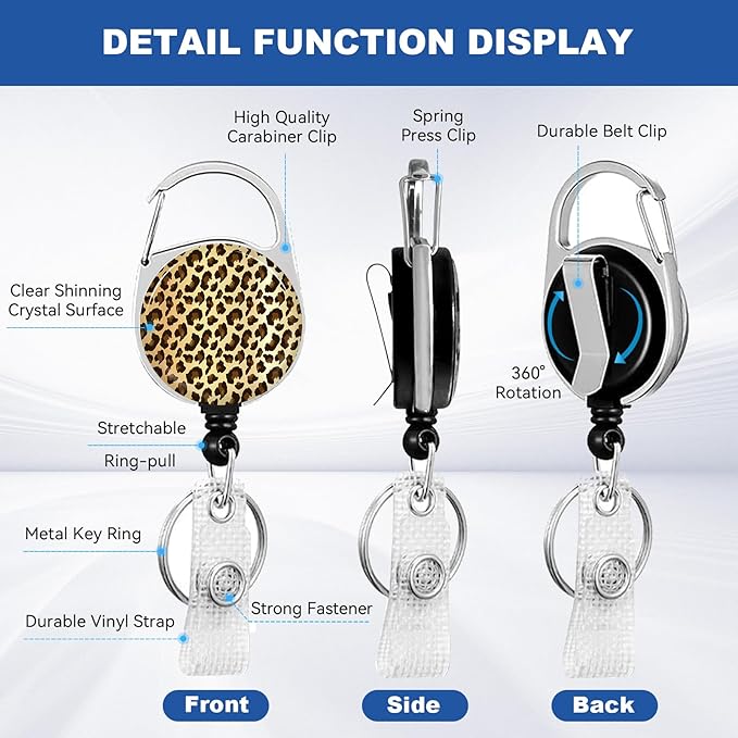 2 Pack Leopard Print ID Badge Holder with Heavy Duty Retractable Reel Keychain for WomenStudents,Teachers, Nurses, Office Use