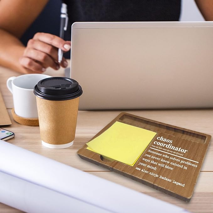 Inspirational Quotes Office Desk Decor Gift, Wooden Desk Note Pen Holder, Motivational Decor for Office Home, Chaos Coordinator Gifts for Colleague Family Friends-A04