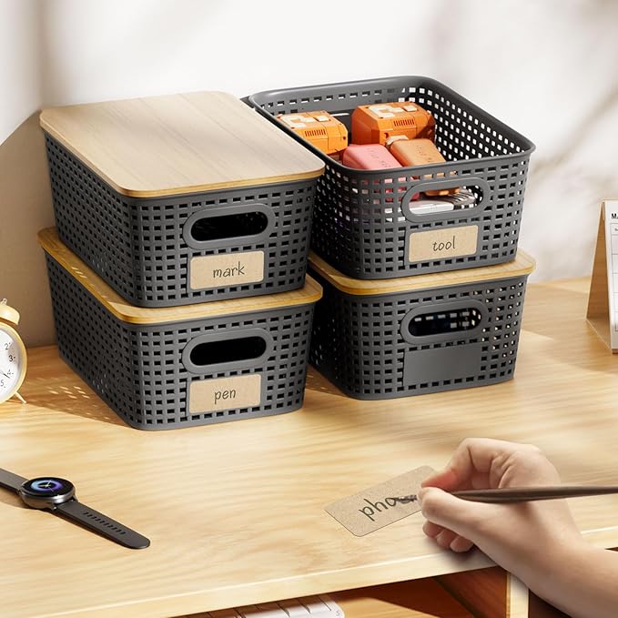 Plastic Storage Bins with Bamboo Lid - Pantry Storage Baskets with Lid - Stackable Container with Lable for Organizing: Small Storage Box for Shelves Office Cabinet Drawer Closet 9x7x4 In - Grey 6Pcs