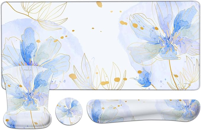 MOSISO Desk Pad Mat Keyboard Mouse Pad Set, Large Gaming Mouse Pad&Keyboard Wrist Rest&Mouse Pad with Wrist Rest&Coaster, Ink Petals Ergonomic Non-Slip Mousepad with Memory Foam for Home Office,Blue