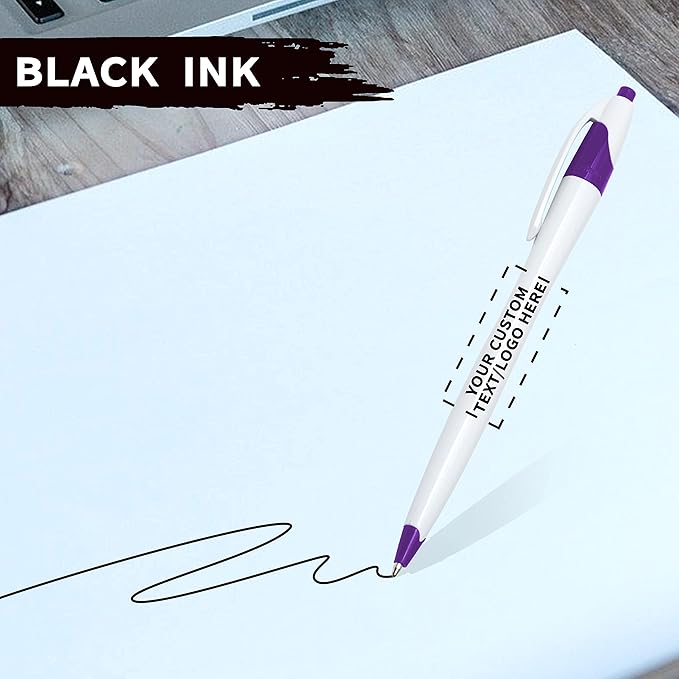 DISCOUNT PROMOS Custom Slim Curvy Ballpoint Pens Set of 10, Personalized Bulk Pack - Black Ink, Retractable, Great for Office, School, Tradeshows - Purple