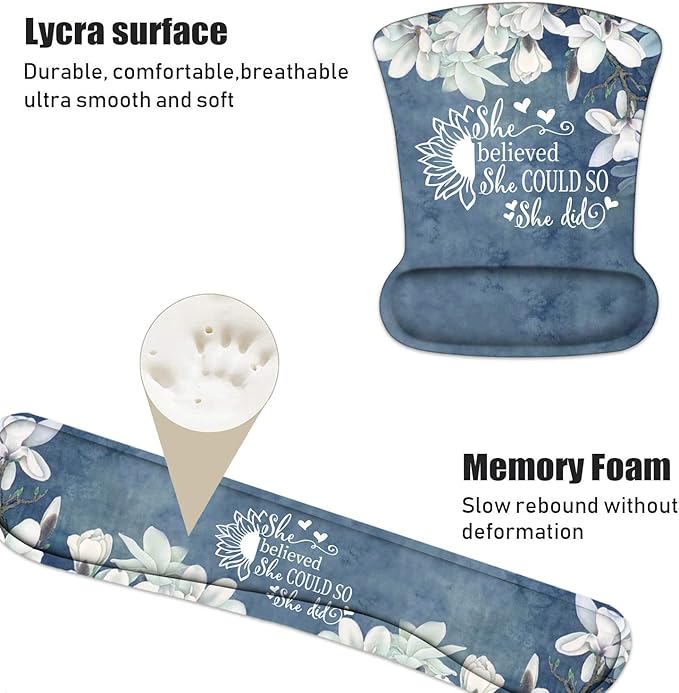 Keyboard Wrist Rest and Mouse Pad Wrist Support Set with Coasters, She Believed She Could So She Did Inspirational Quote Wrist Mouse Pad with Non-Slip PU Base for Home Office Working Studying
