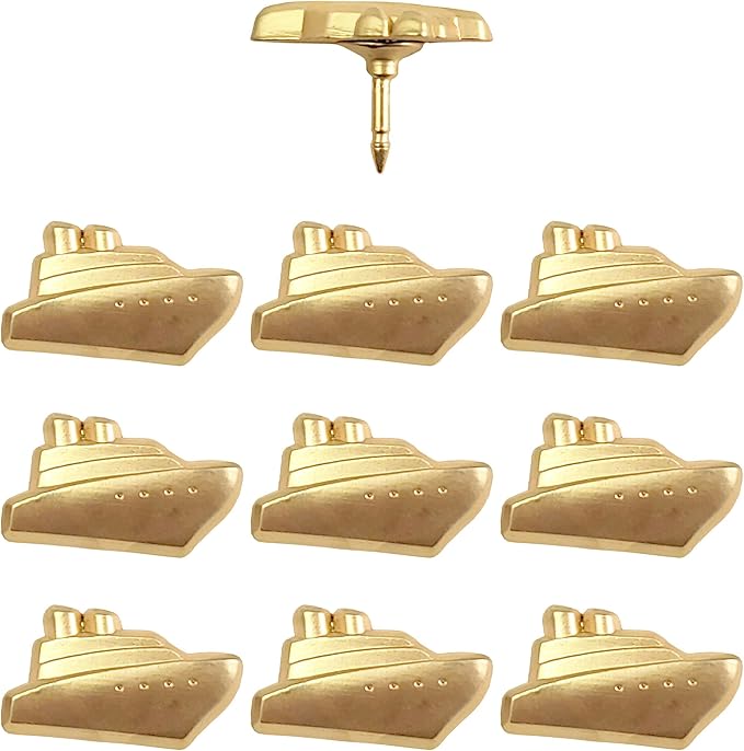 Cruise Ship Push Pins - Gold Metal Cruise Ship Pins - for Cork Board, Maps, or Lapel Pin Use - Designed in USA - Set of 10