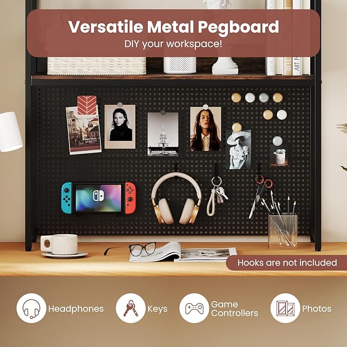 Tangkula Desktop Bookshelf, Multipurpose 2-Tier Desk Hutch with Pegboard, Industrial Countertop Storage Organizer Rack for up to 32" Computer Monitor, Hutch for Dorm Home Office (Rustic Brown)