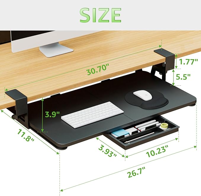 Desktop Keyboard Tray, Under Desk Pull Out, 26.77" X 11.81" Large Size Keyboard Tray with C-Clip Mount, Easy Installation, Computer Keyboard Stand, for Home Study and Office