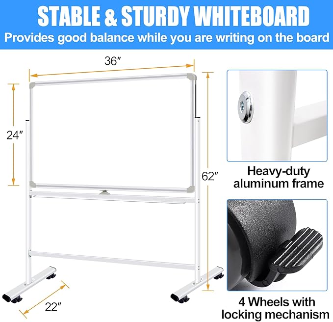 Dry Erase Board with Stand - 36x24 Inches Double-Sided Magnetic Mobile whiteboard on Wheels, Rolling White Board with Stand for Meeting, Training, Whiteboard Easel for Home Office Classroom School