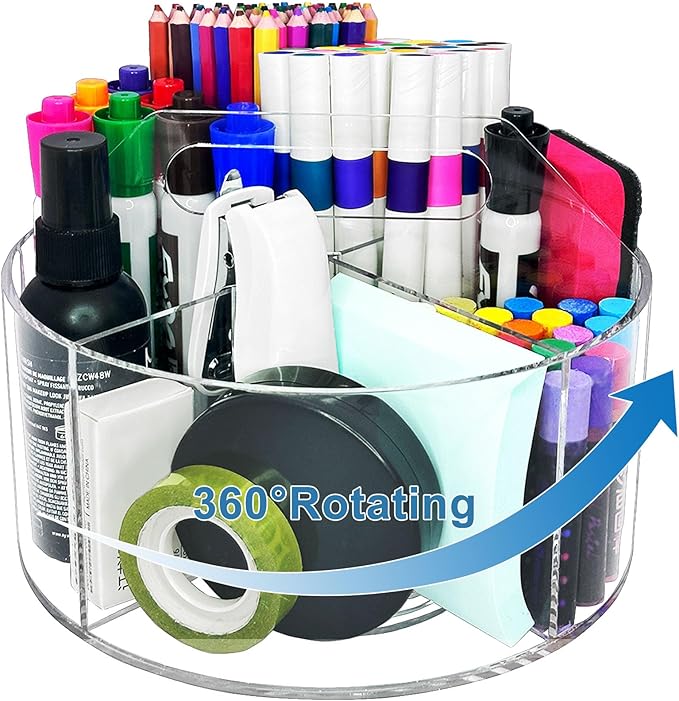 Acrylic Rotating Pen Holder for Desk, 360 Degree Clear Pencil Holder Crayon Organizers for Kids, 6 Compartments Marker Organizer for Office, Art Supply Storage Organizer for School Home