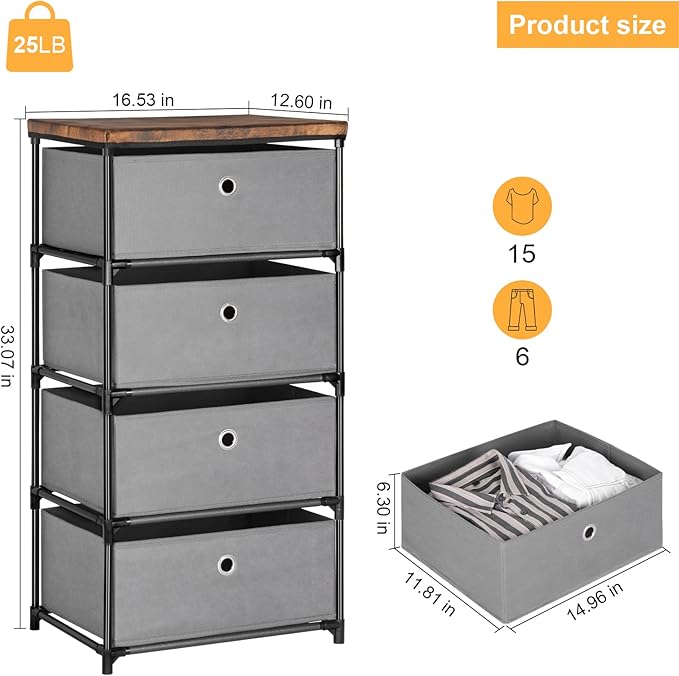 HAITRAL Drawer Clothes Organizer, Fabric Storage Chest - 4 Drawers Storage Organizer Unit for Closet, Easy Assembly Closet Dresser for Dorm, Bedroom, Hallway, Storage Bins (Gray)