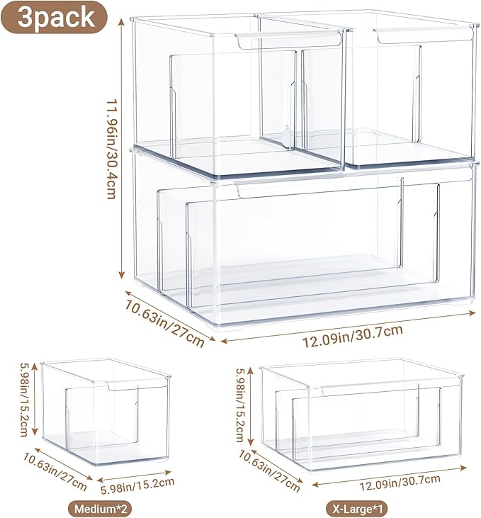 Clear Plastic Storage Bins 3 Pack, Stackable Storage Containers with Dividers, Tall 6" Thicken Storage Drawer Organizer Boxes for Pantry Kitchen Cabinets Fridge Vanity Makeup Craft C6-2