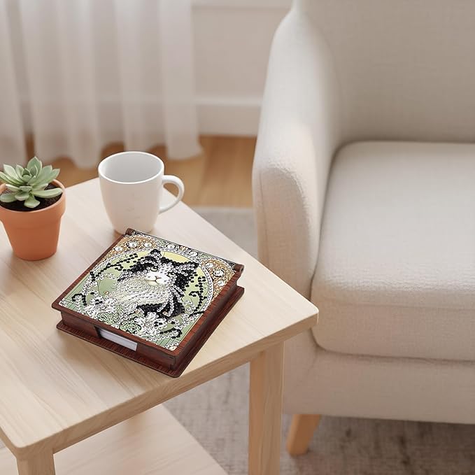 Wooden DIY Black White Cat Diamond Art Notecard Box – DIY Gem Art Sticky Note Holder for Adults 160 Sheets Memo Pad Storage