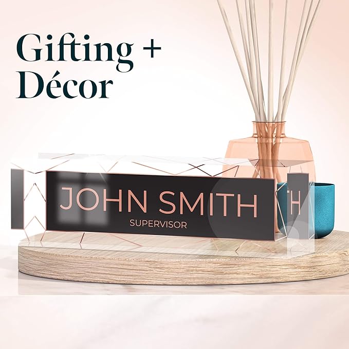 Desk Name Plate Personalized, Custom Name Plates 2½/x8 Inches, Thick Crystal-Clear Acrylic, Gift Box, Office Desk Decor. USA Made by ACRYLUXE (Acry)