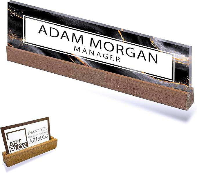 ARTBLOX | Office Personalized Name Plate Black Gold Marble Design On Clear Acrylic Glass for Desk with Business Card Holder