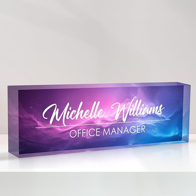 Personalized Name Plate for Desks, Custom Desk Name Plates, Acrylic Name Plate Office Desk Accessories, Personalized Office Gifts for Coworkers Teachers, Employee Appreciation Gifts (Purple Nebula)