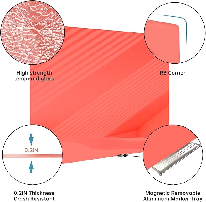 Magnetic Glass Whiteboard - 48"x36" Frameless Dry Erase Board for Walls, Red