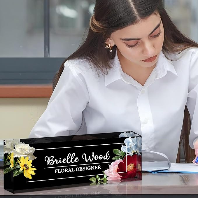 Personalized Name Plate for Desk, Custom Acrylic Desk Name Sign, Office Appreciation Gifts for Women Men Coworkers Boss Teacher Employee (Flower)