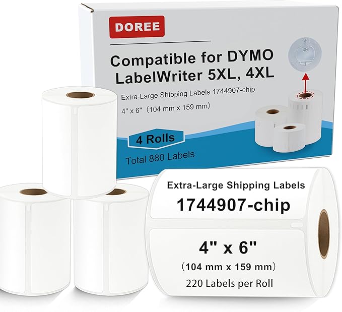 DOREE 4-Roll 4" x 6" Extra-Large Shipping Labels 1744907 with chip, Compatible with Dymo LW 5XL and 4XL Label Printers. (Thermal Shipping Labels, White,4-Rolls Total 880)