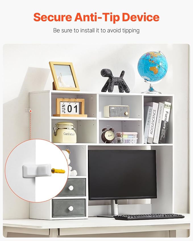 VEVOR 3-Tier Desktop Bookshelf, 37" x 10" x 31.1" Office Storage Rack, Modern Style, Melamine Finish, Heavy Duty, 3 Shelves, Large Capacity, Easy Assembly, Wall Mountable, White