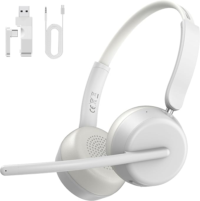 SEJJ Wireless Headset with Mic for Work, Bluetooth 5.4 Headphones with AI Noise-Canceling Mic for Clear Calls, Wireless Headsets with Mic Mute & USB A/C Dongle for PC, Computer, Laptop, White
