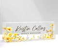 Custom Name Plate for Desk, Personalized Desk Name Plate on Clear Acrylic Glass, Appreciation Gifts for Teacher Employee Boss Coworkers Nurse, Office Desk Accessories for Women Men (Daffodil)