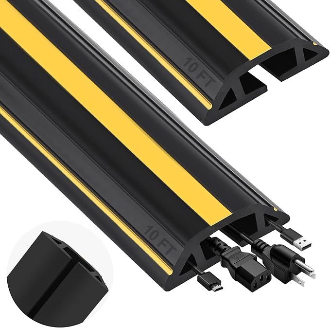 MYFAMIREA 20FT Floor Cord Cover Heavy Duty Cable Cover Protector 3 Channels Extension PVC Floor Wire Cover Outdoor Cord Hider Management Cord Cover for Wire on Floor Home Office Outdoor (2PCS 10FT)