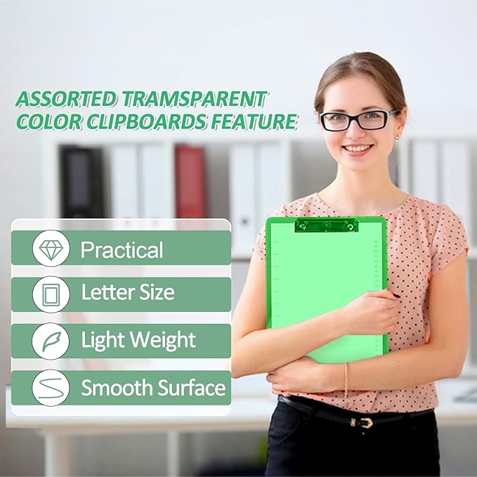 Plastic Clipboards, PANDRI 12 Pack Clear Colored Clipboards, Low Profile Clip Board 12.5 x 9 Inch Standard Letter Size, Office Supplies Classroom