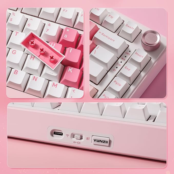 YUNZII B75 PRO Wireless Mechanical Keyboard,75% Layout with Knob,Hot Swap Gasket Structure,Creamy Pre-lubed Switches,RGB Backlit,Bluetooth/Type-C/2.4G for Win/Mac (White, Cocoa Cream V2 Switch)