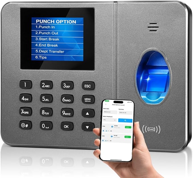 App-Based Time Clock – Fingerprint Attendance for Small Business, iOS/Android Compatible, No Monthly Fee, Includes 10 IC Cards