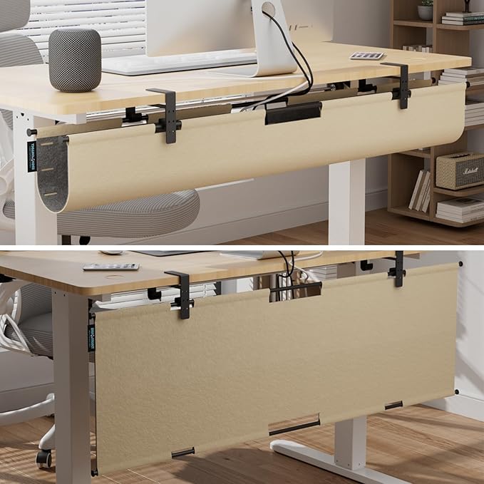 2-in-1 Under Desk Cable Management Tray & Privacy Panel, Dual-Sided Felt Cord Organizer to Hide Wires and Clutter, Desk Mount Cord Holder for Office and Home, Clamp or Screw Mount (Khaki/Gray, 45")