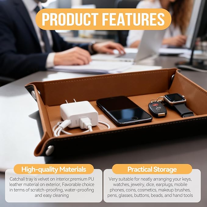 PU Leather Jewelry Valet Tray for Women and Men, Premium Catchall Tray for Keys Wallet Watch Jewelry Glasses and Candy, Large Nightstand or Dresser Organizer 8x6 Inch Brown