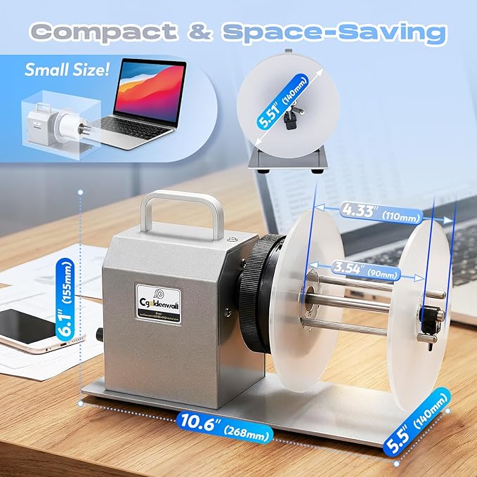 CGOLDENWALL Compact Quiet Automatic Label Rewinder, 1-12"/s Bidirectional Rewind, Coreless/1-1.5" Core Quick Adjust, Max. Label Dia. 5.5" Width 4.3", Auto Sync with Printer, Space-Saving