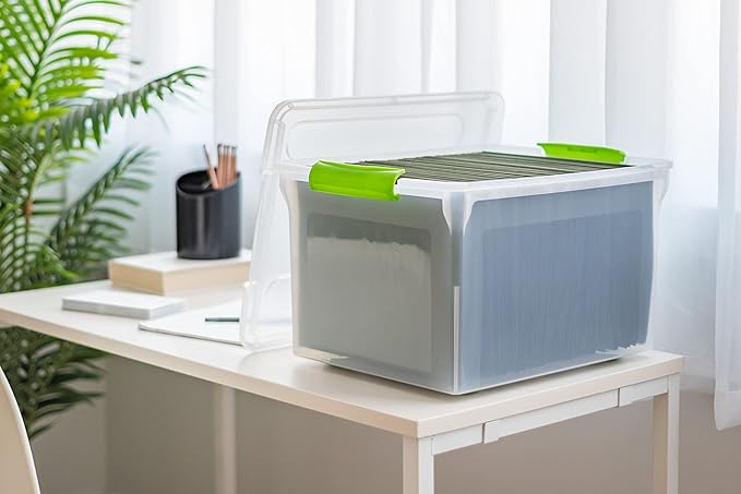 IRIS USA File Box File Organizer Plastic File Box for Letter/Legal File, BPA-Free Plastic Storage Bin Tote Organizer w/Secure Latching Lid and Easy-Slide Pad, Clear 35 Qt. 4Pack