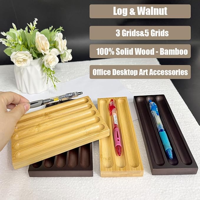 Pen holder Organizer of Office desks,Walnut Desk Pen Stand,Wave Pen TrayOffice Accessory,Teacher Gifts,Suitable for School,Home,Office Desktop Art Accessories (Log-3 Grid)