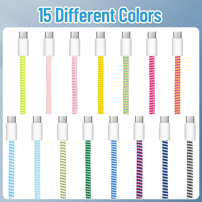 Frienda 15 Pcs Spiral Cable Protector Colorful PVC Spiral Phone Charger Headphone Cable Saver for USB Data Wire, Prevent Pets (Bright Color,55.1 Inch)
