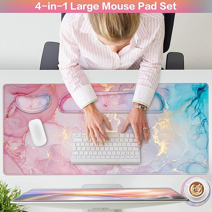 Mouse Pad Pink, Mouse Pad with Wrist Rest, 4-in-1 XXL Extended Large Desk Mat +Mousepad with Gel Wrist Support+Keyboard Wrist Rest+Coaster,Ergonomic Desk Pad for Study Gaming Home Office Computer