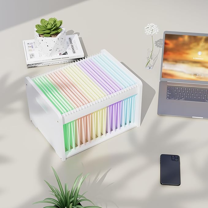 Bamboo Hanging File Organizer, Office Desk File Organizer for Letter Size, Wood Hanging File Folders Organizer Record Holder Storage Stand Bookshelf Easy Assembly, White