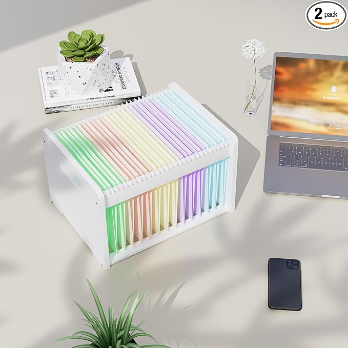 2 Pack Bamboo Hanging File Organizer, Office Desk File Organizer for Letter Size, Wood Hanging File Folders Organizer Record Holder Storage Stand Bookshelf Easy Assembly, White