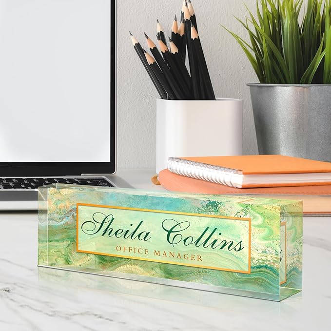 Custom Name Plate for Desk, Employee Appreciation Gifts, Acrylic Desk Name Plate Personalized, Office Decor, Funny Office Gifts for Coworkers Boss Teacher (Green Fields)