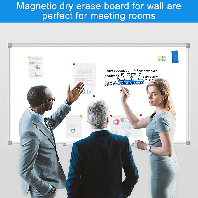White Board Dry Erase Whiteboard for Wall 72x40 Aluminum Presentation Magnetic Whiteboards with Long Pen Tray, 12 Magnets, 3 Markers & 1 Eraser